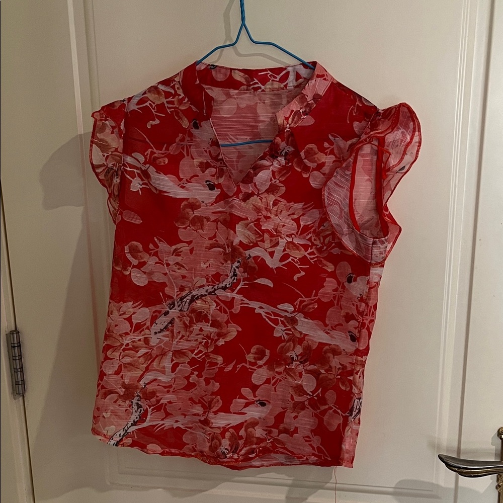 Women’s Red Floral V-Neck Sheer Blouse